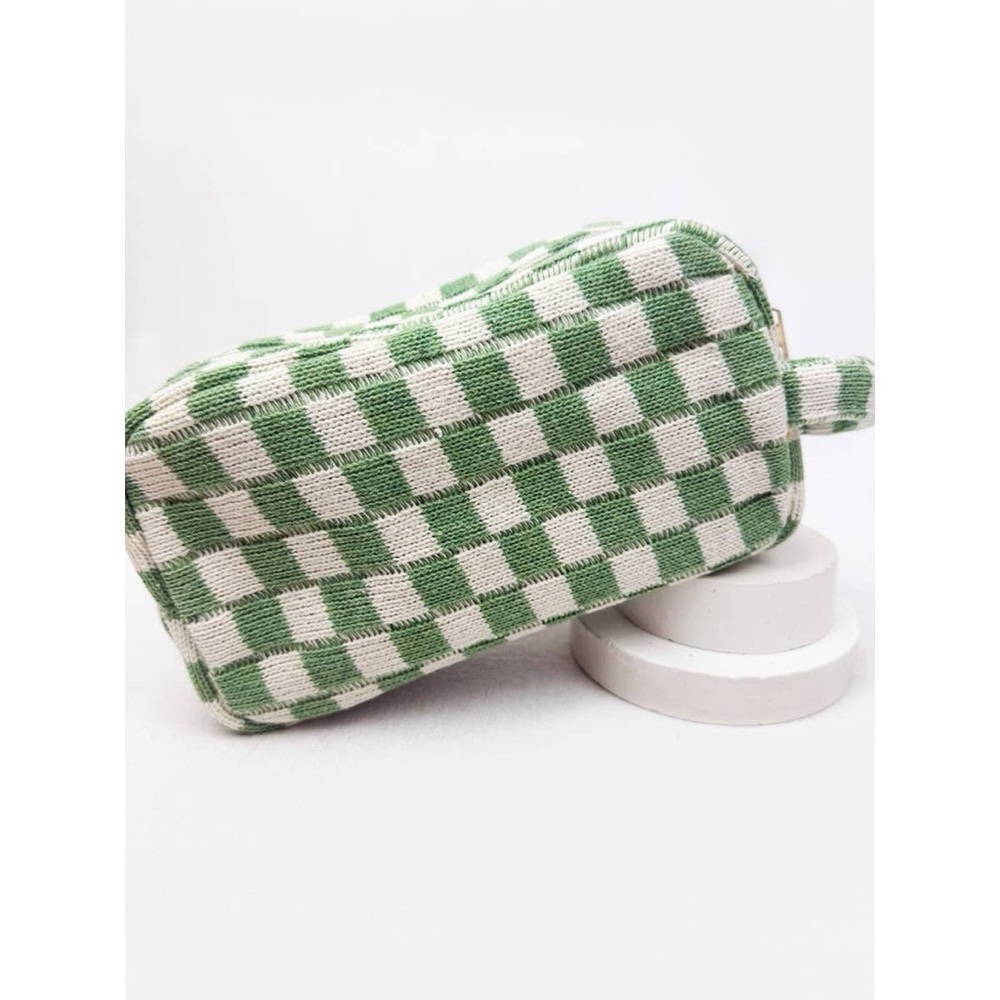 Green and White Checkered Cosmetic Bag